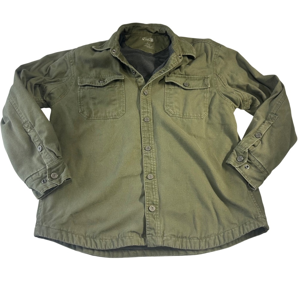 Duluth Trading Co Mens Fleece Lined Canvas Shirt Jacket Olive Green Large